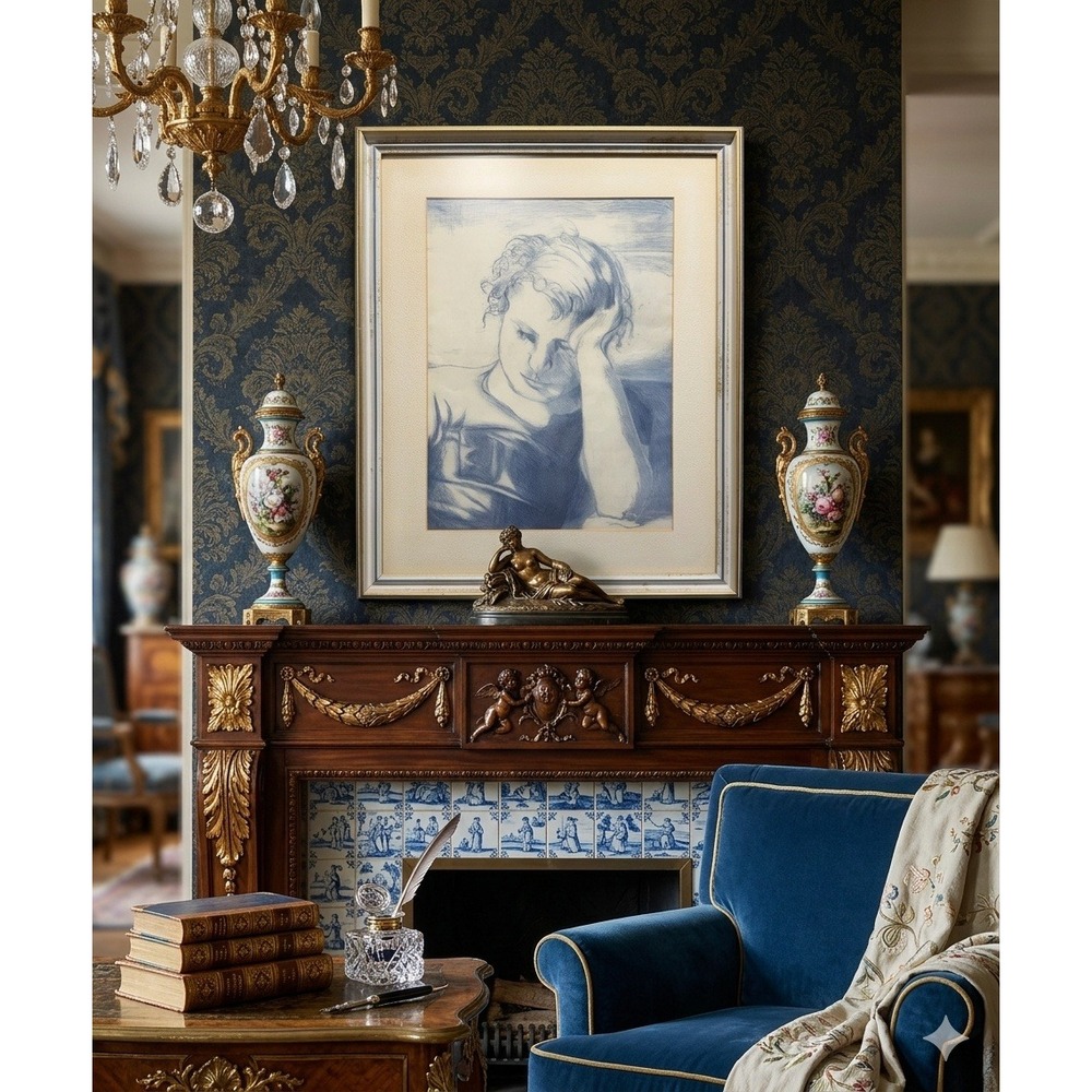 Sleeping Figure c 1920 Sketch Print Framed Blue Portrait Art Vintage Style